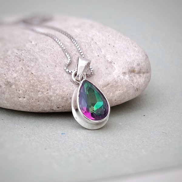 Teardrop Mystic Fire Topaz pendant in sterling silver, Faceted Rainbow topaz crystal charm for her, Crystal healing jewellery gift