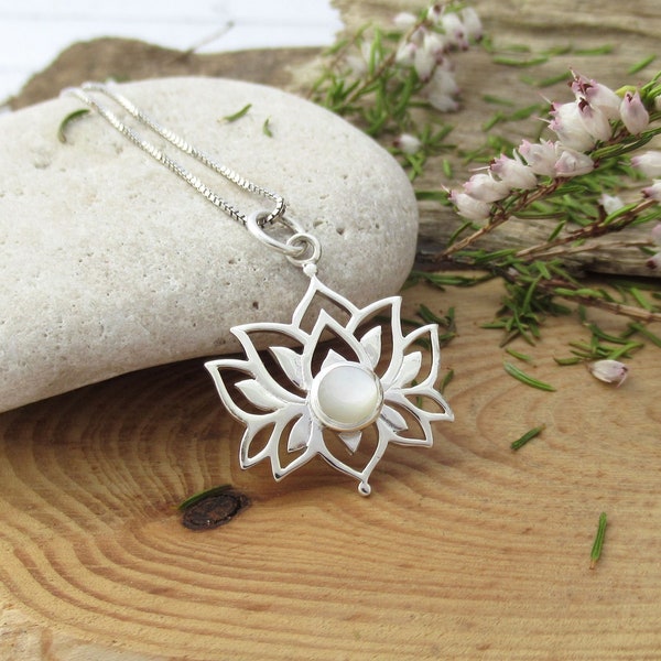 Lotus flower pendant in sterling silver, Mother of pearl Lotus blossom charm for ladies, Yoga inspired jewellery gift for her.