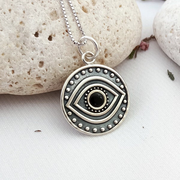 Evil Eye Pendant in sterling silver, Round Lucky Eye charm with black onyx gemstone, Protective Mati Eye amulet for her, Boho jewelry gift