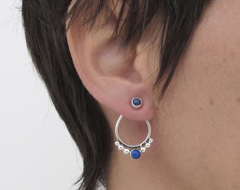 Lapis lazuli sterling silver bar studs front back double two sided ear jacket earrings 