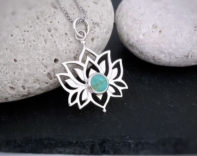 Lotus Flower Pendant in sterling silver, Turquoise Howlite Lotus symbol charm, Jewellery gift for lady Yogis