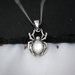 Spider pendant in sterling silver and Mother of Pearl, Creepy crawly Tarantula necklace charm, Spooky Arachnid Spider mom gift