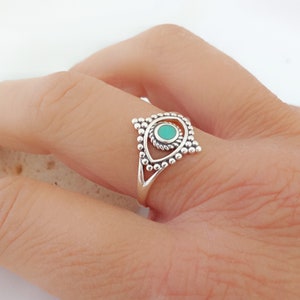 Evil Eye finger ring in sterling silver, Turquoise Lucky Eye ring, Turkish protective Eye symbol, Boho stacking ring gift for her