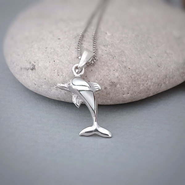 Dolphin pendant in sterling silver with mother of pearl, Sea life jewellery gift, Dolphin lover jewellery, Nautical necklace charm