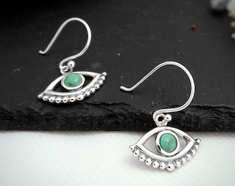Evil Eye dangle earrings in sterling silver, Turquoise Lucky Eye earrings, Turkish Protective Eye symbol, Good Luck jewellery gift for her