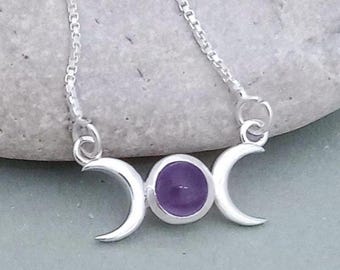 Halsband i sterlingsilver med trippel mångudinna: Ametist, månliknande smycken