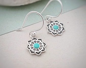 Round Mandala Flower dangle earrings in sterling silver and turquoise, Dainty Lotus Mandala Boho earrings, Yoga Lover jewellery gift for her