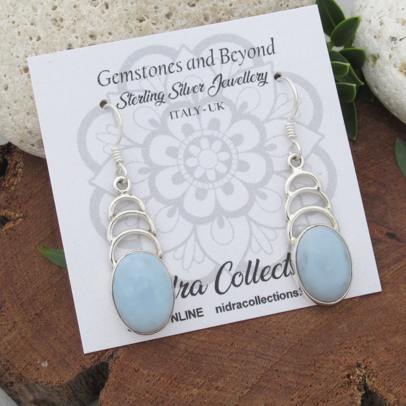 Curvy silver Blue Opal earrings Open backed stone cabochon jewelry Oval sky blue gemstone earrings throat chakra