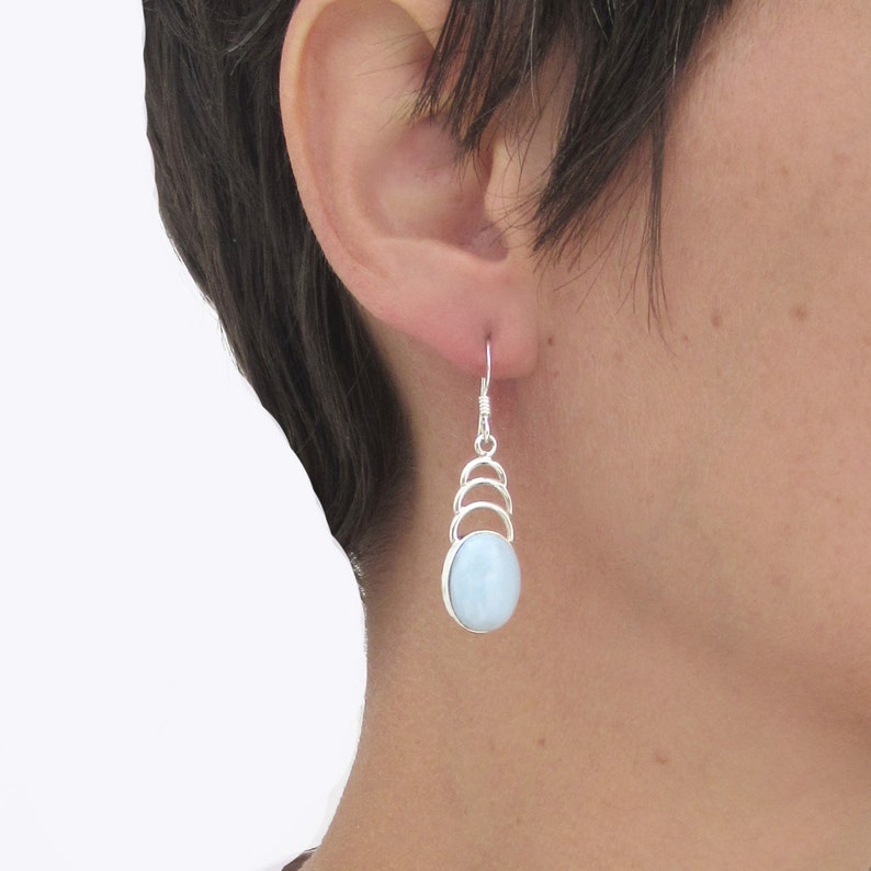 Curvy silver Blue Opal earrings Open backed stone cabochon jewelry Oval sky blue gemstone earrings throat chakra