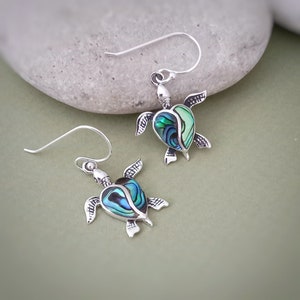 Può includere: Un paio di orecchini d'argento con un design a forma di tartaruga e un cuore di madreperla verde e blu.