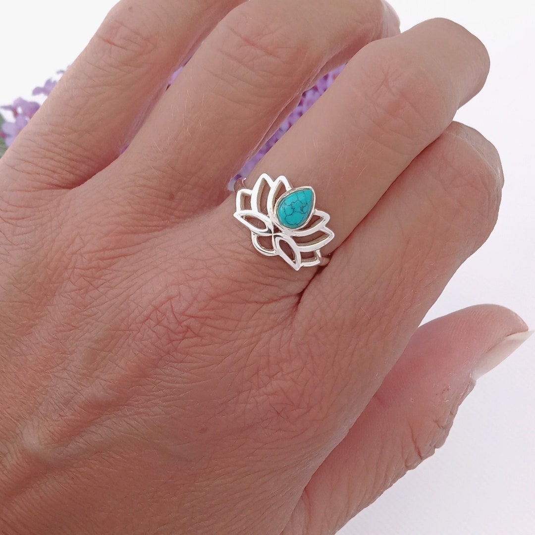 Turquoise Lotus Flower Ring in Sterling Silver, Blue