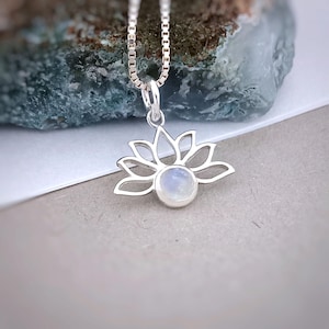 Dainty Lotus flower charm in sterling silver, Moonstone Lotus pendant for Yoga lovers, Blue moonstone ladies necklace gift, Lily flower