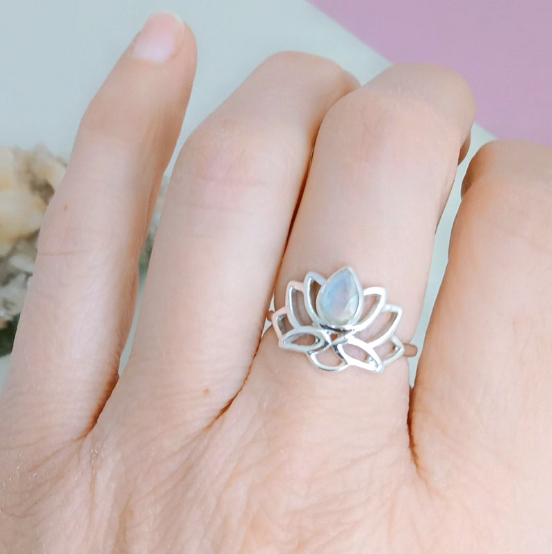 Moonstone Lotus Flower Ring in sterling silver, Faceted Blue Moonstone ladies ring, Lotus blossom Yoga jewellery gift for her image 4