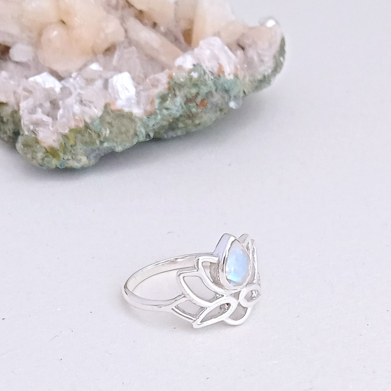 Moonstone Lotus Flower Ring in sterling silver, Faceted Blue Moonstone ladies ring, Lotus blossom Yoga jewellery gift for her image 2