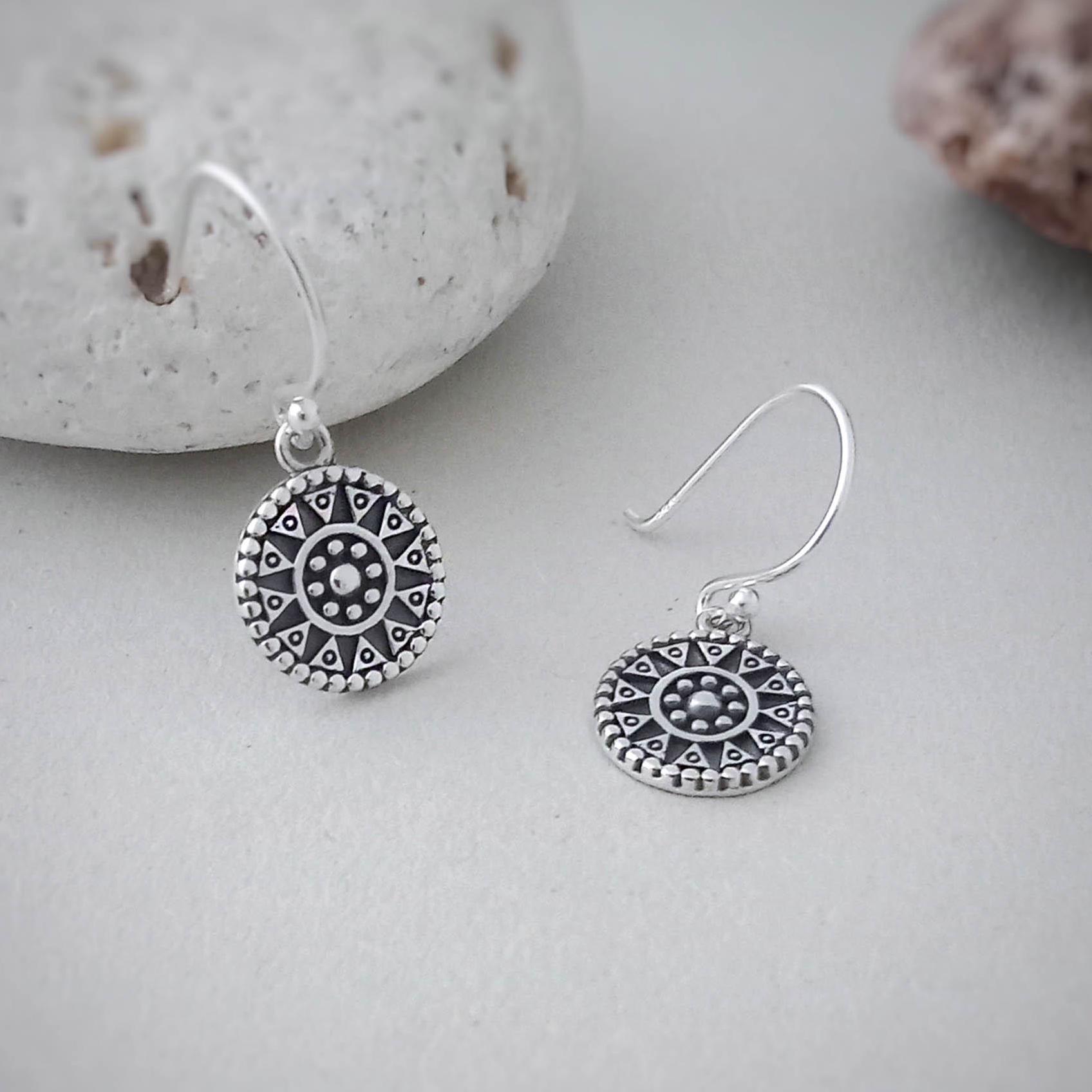 Mandala sun dangle earrings in sterling silver, Mini Mandala disc earrings, Dainty Yoga lover danglies, Boho Tribal Ethnic gift for her