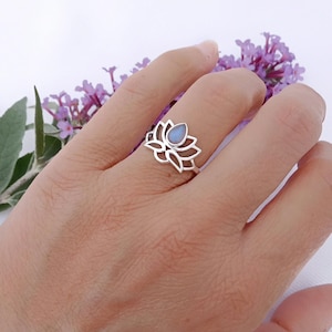 Moonstone Lotus Flower Ring in sterling silver, Bohemian Lotus stacking ring, Yoga gift for her, Buddhist Symbol jewellery, Blue Moonstone