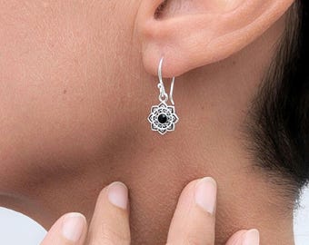 Mandala Flower lotus Earrings in sterling silver, Dainty Lotus Mandala Boho style earrings, Black onyx danglies, Yoga Lover jewellery gift
