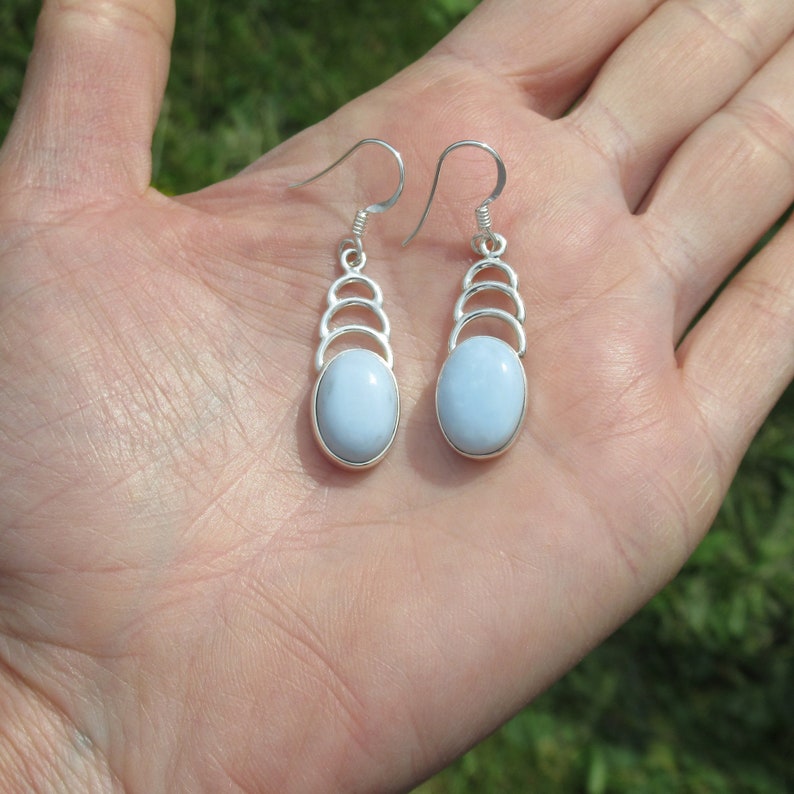 Curvy silver Blue Opal earrings Open backed stone cabochon jewelry Oval sky blue gemstone earrings throat chakra