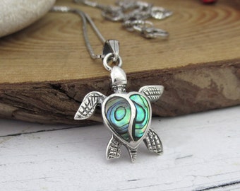 Sea Turtle pendant in sterling silver, Abalone shell Turtle charm for her, Boho Beach lover jewellery gift