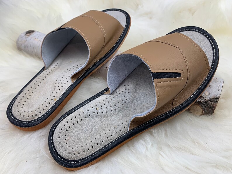 Men's Slippers Brown Real Leather Comfy Etsy