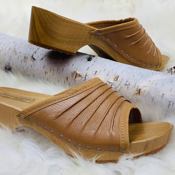 Women's Wooden Natural Leather Clogs Open Toe Sandals Low Heel Slide Shoes