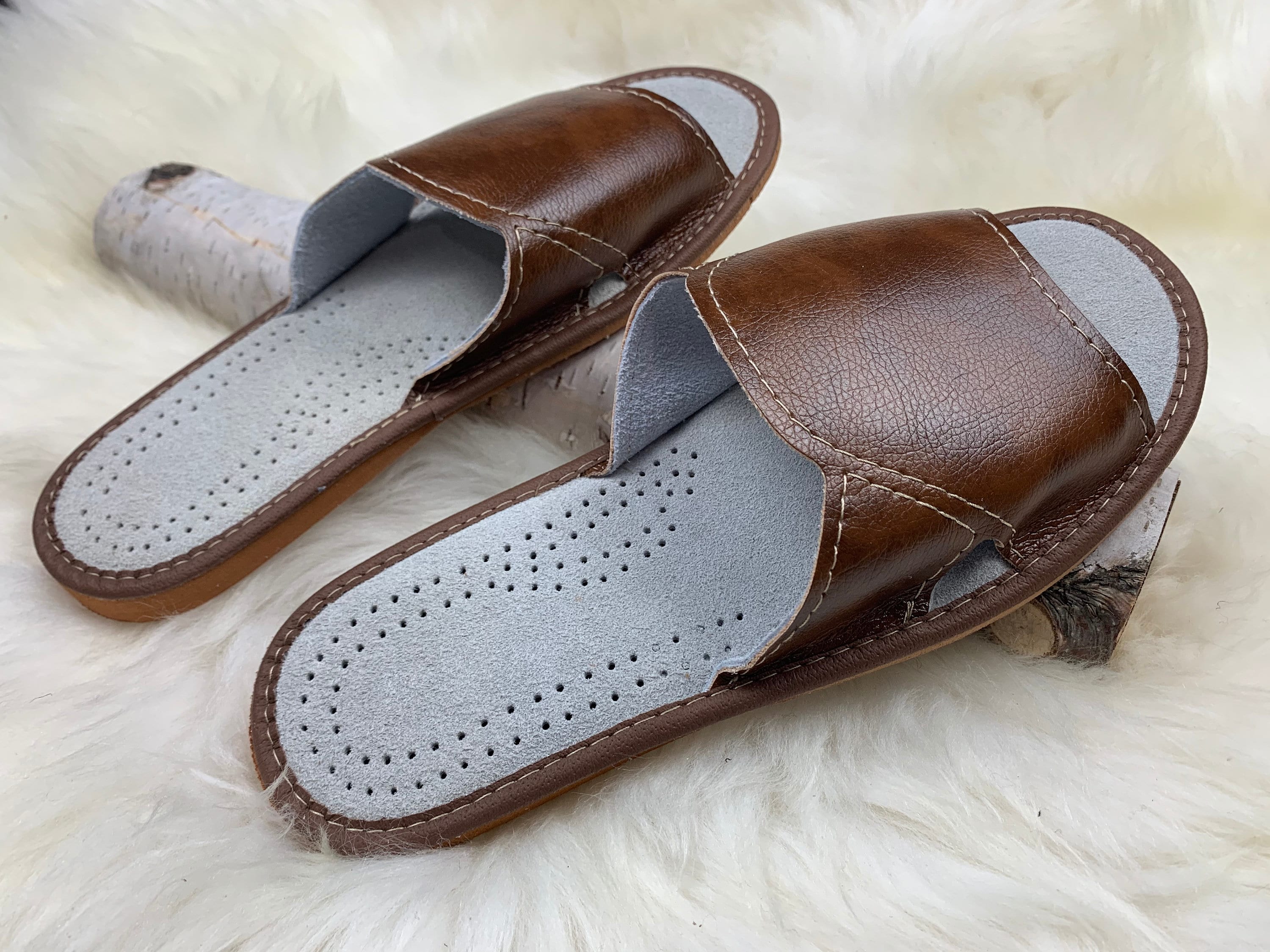 Men's Slippers Brown Real Leather Comfy | Etsy