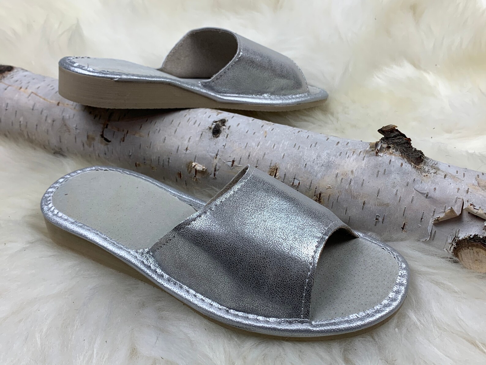 Women's Slippers Silver Real Leather Comfy Slippers Etsy