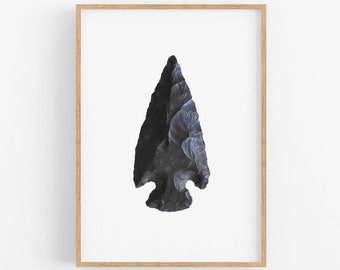 Obsidian arrowhead print, Printable wall art, Native American decor, Black and white prehistoric art, Archaeology poster, Instant download
