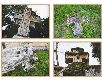 Set of 4 cemetery tombstone prints, Printable wall art, Graveyard decor, Gothic home decor gallery wall set, Cross photos, Instant download