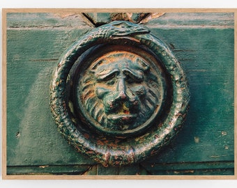 Printable wall art, Ouroboros antique door knocker, Snake and lion green door, Home interior picture, Instant download, Vintage French decor