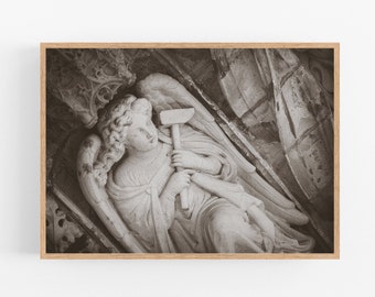 Angel holding the hammer of the Passion photo, France photography, Architectural detail, Black & White Catholic art, Printable wall art