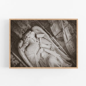Angel holding the hammer of the Passion photo, France photography, Architectural detail, Black & White Catholic art, Printable wall art