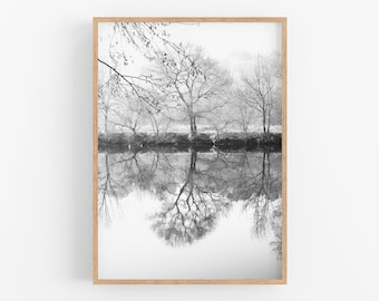 Printable wall art, Tree water reflection print, Black and white landscape photography, Instant download, Winter decor, Scandinavian decor