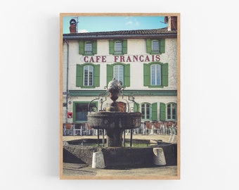 French urban landscape, Traditional cafe place and antique fountain, France travel photography, Instant download, Architecture print