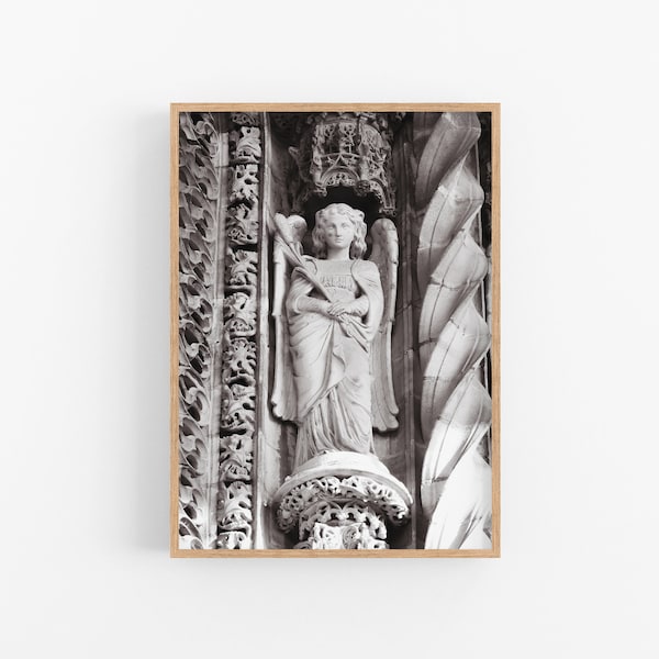 Angel at Albi Cathedral photo, France photography, Architectural detail, Black and white Catholic art, Church print, Printable wall art