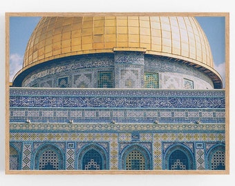 Dome of the Rock Mosque print, Printable wall art, Islamic geometric art, Arabic calligraphy, Jerusalem architecture, Blue home decor