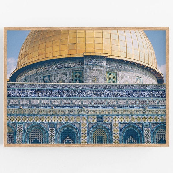 Dôme de l’impression de la mosquée de roche, art mural imprimable, art géométrique islamique, calligraphie arabe, architecture de Jérusalem, décor de maison bleue