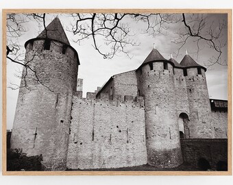 Black and white castle print, Printable wall art, Carcassonne France, Medieval architecture print, Europe travel picture, Instant download