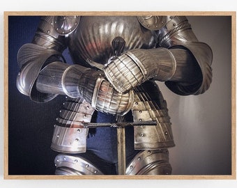 Medieval full plate suit of armour and sword print, Middle Ages art, Military gifts, Fantasy decor, Printable wall art, Instant download