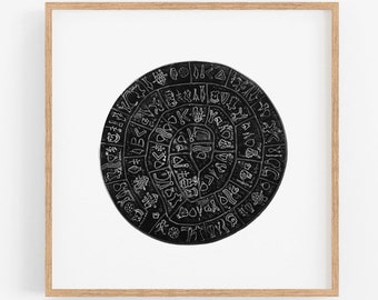 Phaistos Disc black and white print, Printable wall art, Undeciphered Hieroglyphs, Minimalist wall art, Archaeology poster, Instant download