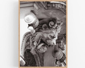Printable wall art, Lion face balcony print, Paris wall art, Black and white French architecture photography, Urban art, Instant download