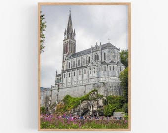 Printable wall art, Lourdes Upper Basilica print, Gothic architecture, France, Home interior pictures, Instant download, French church photo