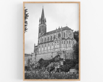Printable wall art, Lourdes Upper Basilica black and white print, Gothic cathedral in France, Home interior pictures, Instant download
