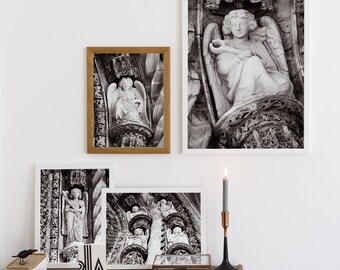 Set of 4 prints of black and white cathedral angels, Printable gallery wall set, Gothic home decor, Catholic gifts, Instant download