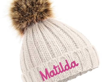 Junior Kids Personalized Chunky Knit Beanie with Faux Fur Pom Pom