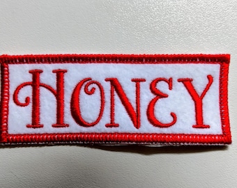 Embroidered Personalized Name Badge, Iron On or Sew, HONEY Font (100mm wide)