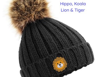 Toddler Chunky Knit Beanie – Personalised Animal Embroidery, Faux Fur Pom (12m - 4yr)