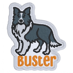Peut inclure: Patch brodé représentant un border collie bleu et blanc avec le nom "Buster" en texte orange.