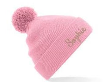 JUNIOR  Knitted Bobble Hat Beanie with a choice of colours and fonts for personalisation