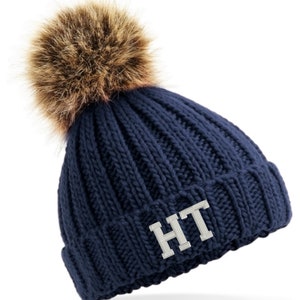 ADULT  Chunky Faux Fur Bobble Hat  Beanie  with a name or Initials embroidered to the front